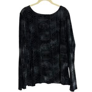 Chicos Womens Velvet Knit Top XL Black Silver Abstract Tribal Print Long Sleeve